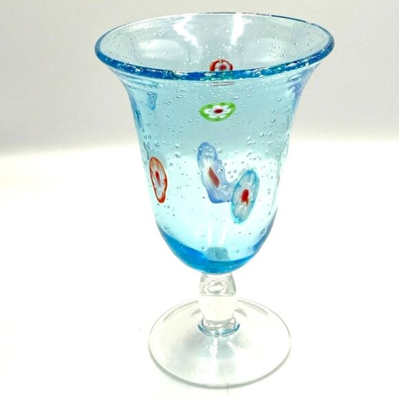 Millefiori Goblet. Bubble Glass Blue 12 oz. Artsy Whimsical - Picture 2 of 5